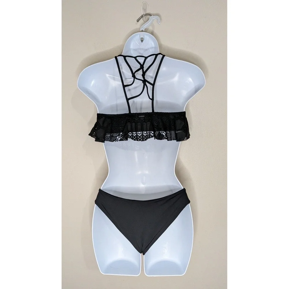 Volcom Black Crochet Lace Flounce Bikini Set Strappy Cage Back Cutout Small